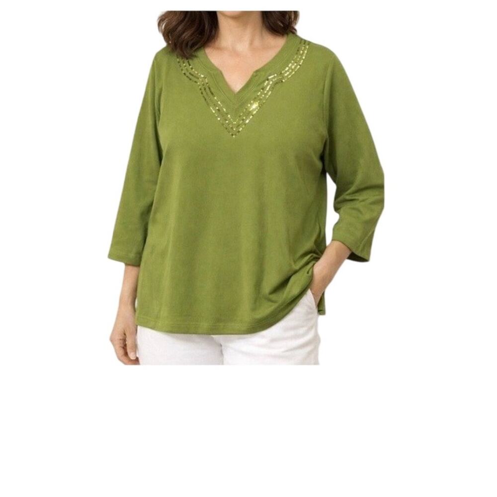 Quacker Factory Top Plus Size 1X Green Sequins Cotton V-Neck Pullover Casual